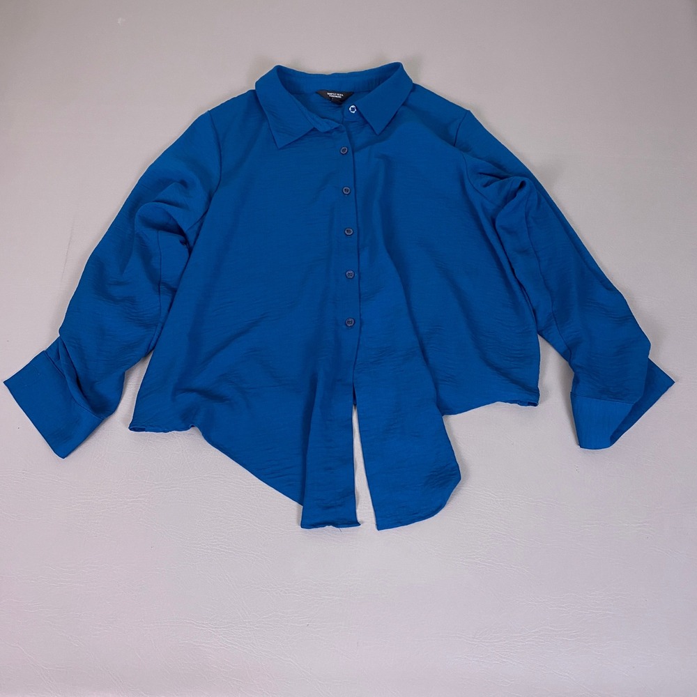 Simply Vera Vera Wang Blouse Top Women's Large Cropped Blue Button Front Tie Hem